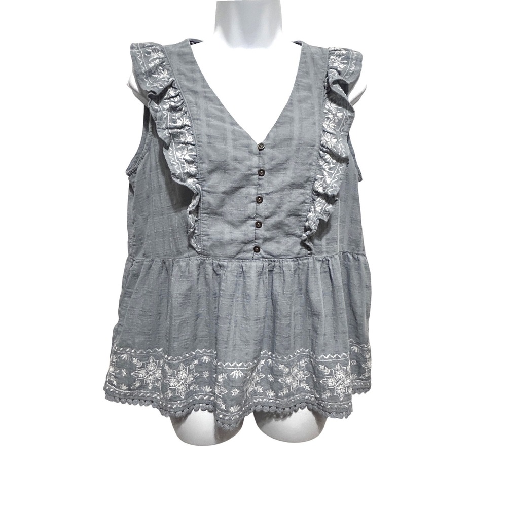 Knox Rose Womens Babydoll Cottage Top XL Blue Cotton‎ Embroidered Peplum Ruffle